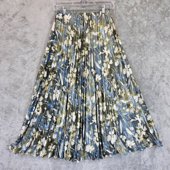 ZARA Skirt Womens Extra Small Blue Green Floral Pleated Midi Accordion A-Line - Picture 1 of 7